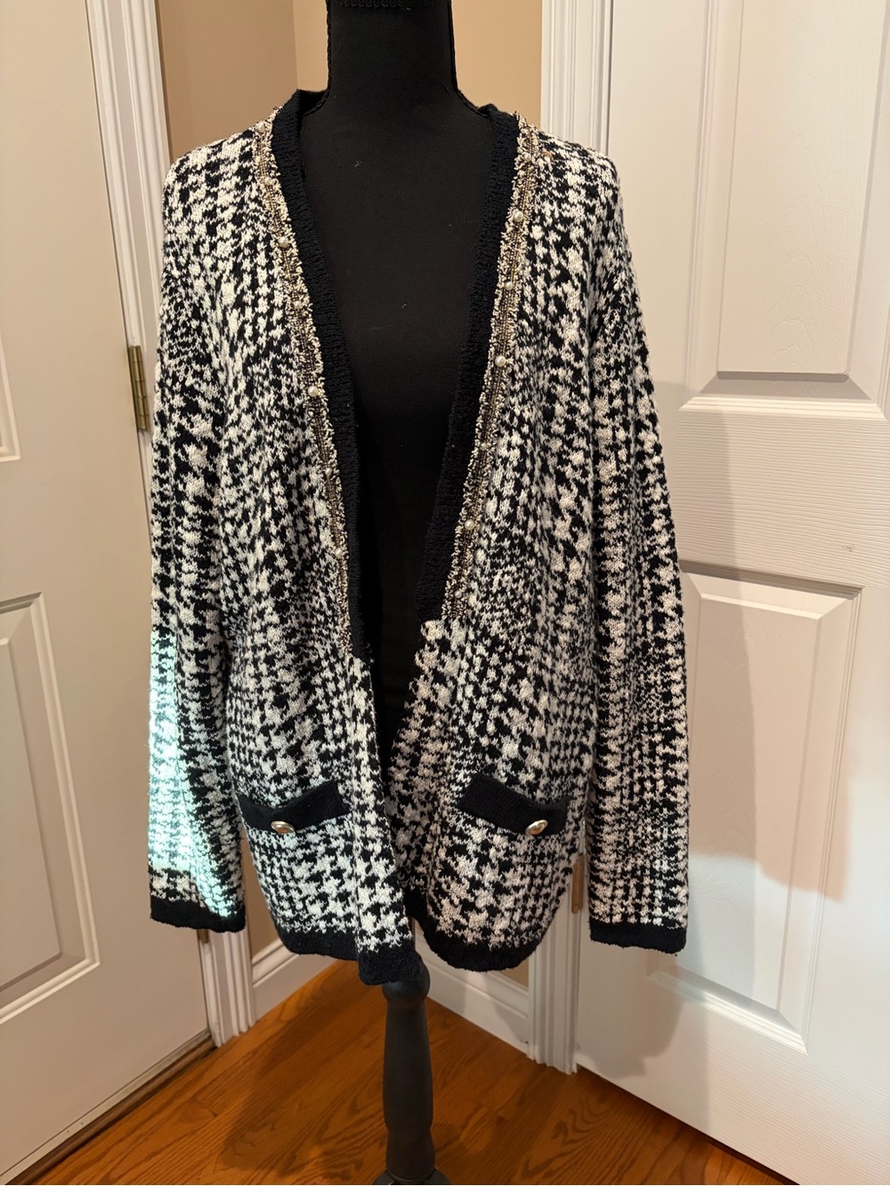 Chico's Black and White Houndstooth Open-Front Blazer Cardigan